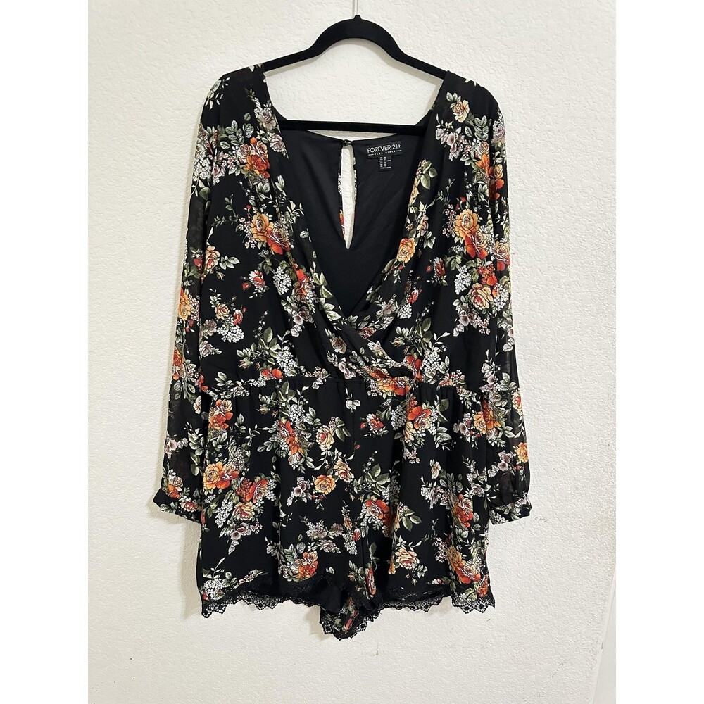Forever 21+ Romper Womens 3X Black Floral Lace Trim Wrap V Neck Long Sleeve